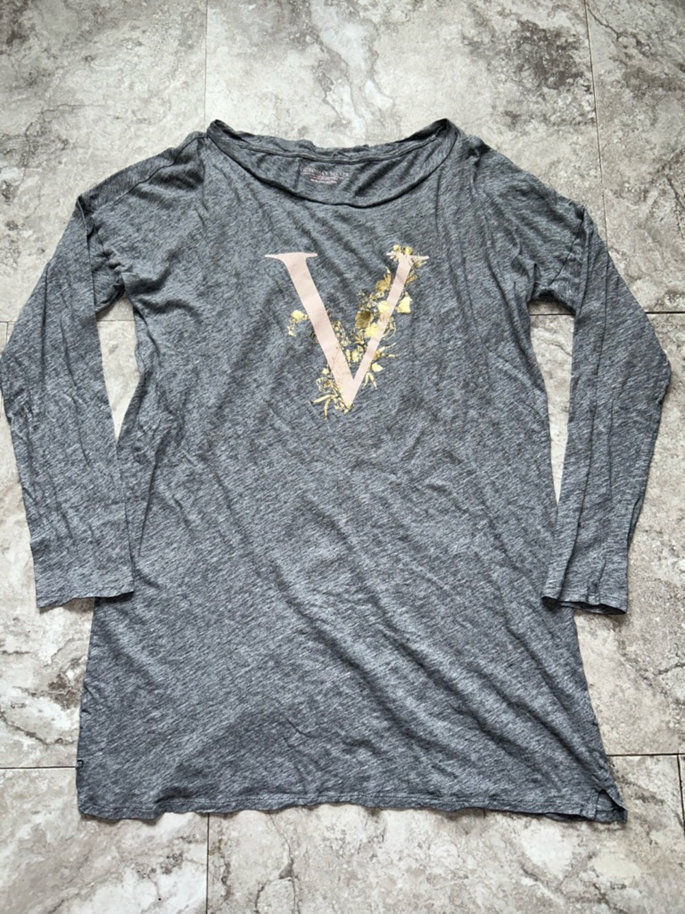 Victoria’s Secret Gray Long Sleeve Scoop Neck Sleepshirt with Floral "V" Logo S